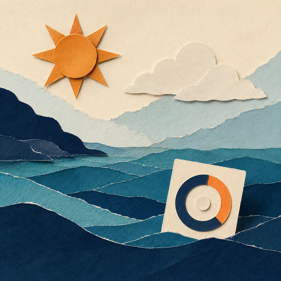 Previsioni meteo marine e fishing score, illustrazione paper-cut