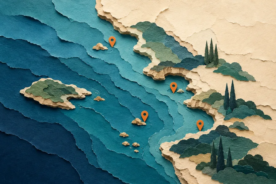 Mappa paper-cut degli spot di pesca del Tirreno