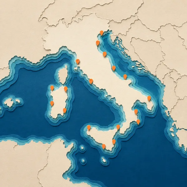 Mappa illustrata papercut della distribuzione dell'orata nei mari italiani