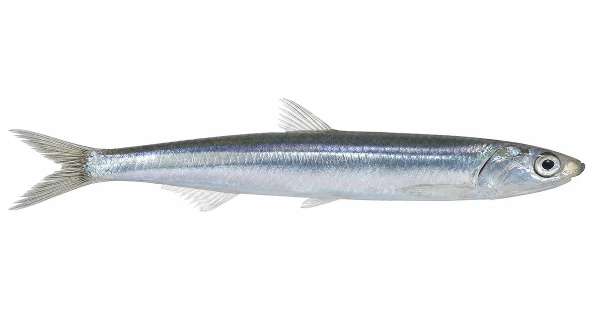 Acciuga (Engraulis encrasicolus): esemplare su sfondo bianco