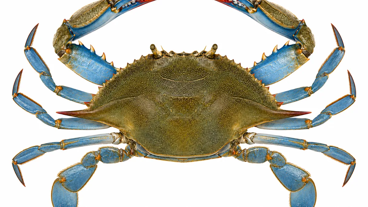 Granchio blu (Callinectes sapidus): esemplare su sfondo bianco