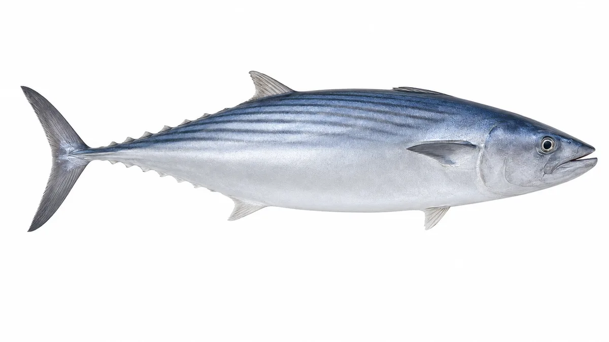 Palamita (Sarda sarda): esemplare su sfondo bianco