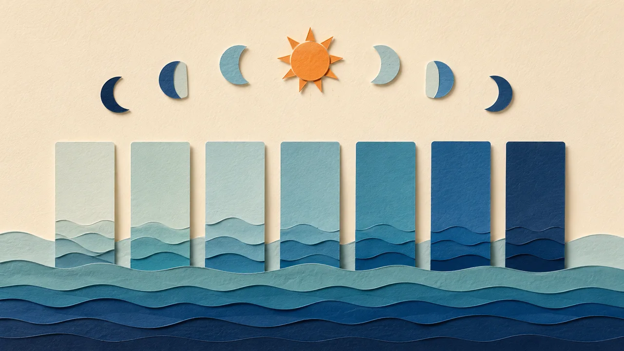 Illustrazione papercut: un almanacco di sette giorni di pescabilità sopra il mare